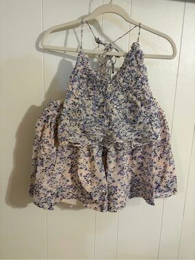 Free People Cream Floral Circle Mini Skirt and matching top with Blue Print